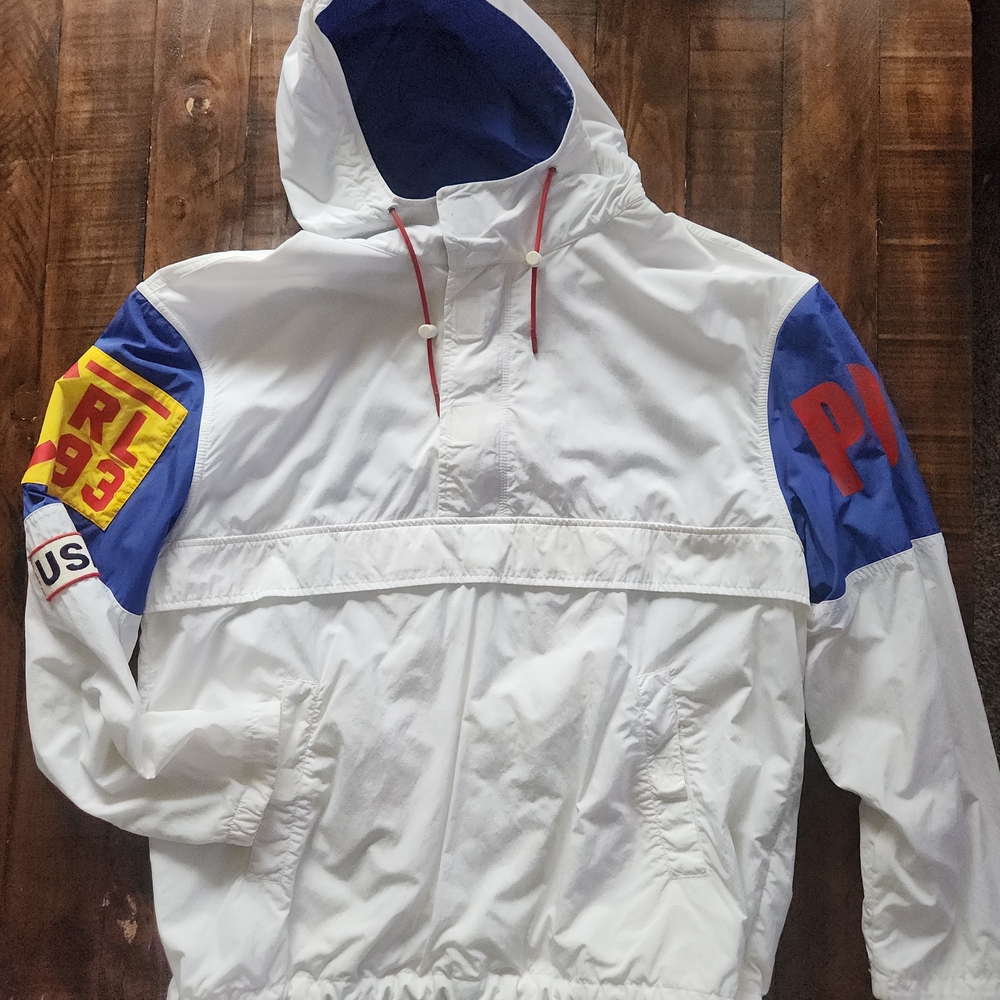 White and Blue Hooded Jacket with Red Accents